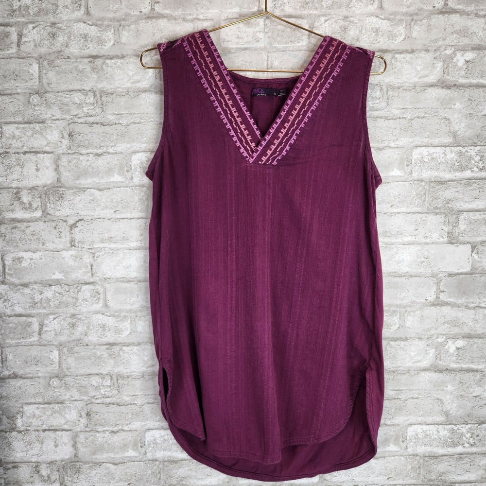 PrAna Top Purple Embroidered Geometric Boho Sleeveless M